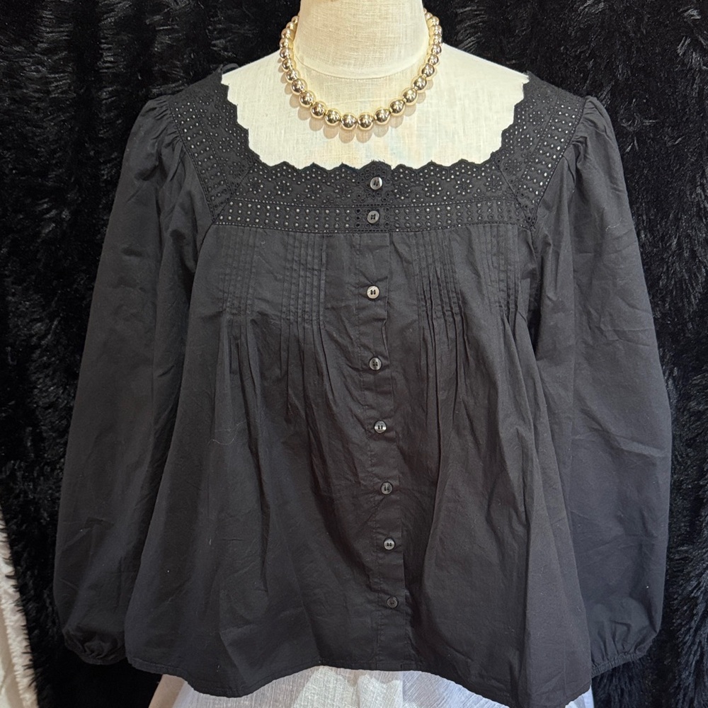 GAP Black Button-Front Eyelet Yoke Blouse
